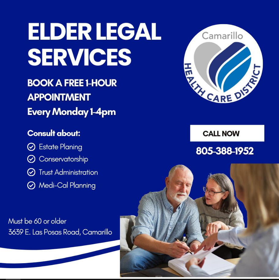 Bearded man holding a pen with a woman wearing glasses looking at a paper being passed to them by another person. Elder Legal Services book a free 1-hour appointment every Monday, from 1–4 p.m. Consult about: estate planning, conservatorship, trust administration, and Medi-Cal planning. Must be 60 or older. Call now 805-388-1952. Located at 3639 E. Las Posas Rd, Camarillo, CA 93010.