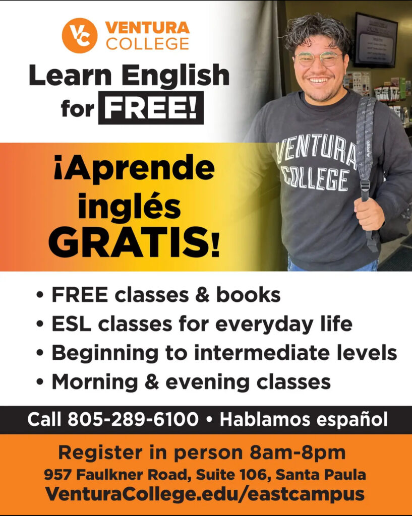 Ventura College East Campus Learn English for Free flyer displays program details on an orange and yellow flyer with a smiling young college male student with glasses and backpack walking out of a classroom.